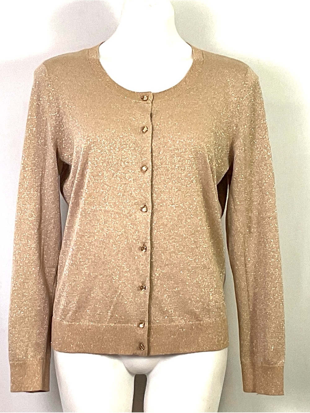 Talbots Metallic Beige Button-Front Crewneck Cardigan